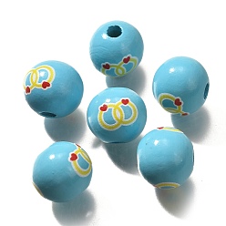 Небесно-голубой Бусины из дерева с принтом в виде элемента ко дню святого валентина, круглые, голубой, 16 мм, отверстие : 4 мм