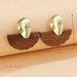 Fan Alloy Wood Stud Dangle Earrings, Golden, Fan, 41x41mm