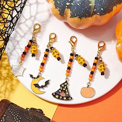 Light Gold Halloween Theme Alloy Enamel Pendant Decorations, Glass Seed Beaded and Zinc Alloy Lobster Claw Clasps Charms, Mixed Shapes, Light Gold, 70~75mm, 4pcs/set