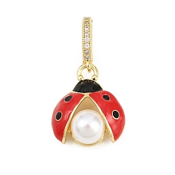 Настоящее золото 18K Латунные микро проложить кубического циркония раз за застежками, с эмалью и жемчужинами из АБС-пластика, прелести божьей коровки, стойки покрытие, долговечный, без свинца и без кадмия, реальный 18 k позолоченный, 30 мм, отверстие : 6x4 мм