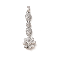 Platinum Brass Micro Pave Clear Cubic Zirconia Pendants, Teardrop & Flower Charms, Platinum, 33.5x10.5x5.5mm, Hole: 2x4.5mm