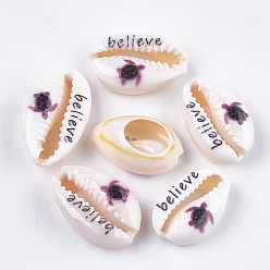 Old Rose Printed Cowrie Shell Beads, No Hole/Undrilled, Sea Turtle & Believe Pattern, Old Rose, 17~23x10.5~15x6~8mm