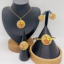 Легкий Лосось 304 Подвески, серьги-гвоздики, кольца и браслеты из нержавеющей стали с кубическим цирконием и подвесками в форме кошачьего глаза, плоско-круглые, золотые, светлый померанцевый, колье: 17.72 дюйм (45 см)