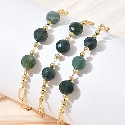 Moss Agate Natural Moss Agate Faceted Flat Round Beaded Brass Paperclip Chain Bracelets, Long-Lasting Plated, Golden, 8.50 inch(21.6cm)
