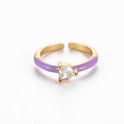 Dark Orchid Brass Enamel Cuff Rings, Open Rings, Solitaire Rings, with Clear Cubic Zirconia, Nickel Free, Heart, Golden, Dark Orchid, US Size 7(17.3mm)