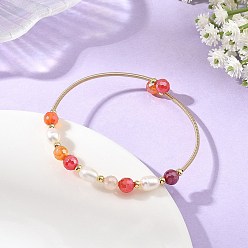 Orange Red Natural Banded Agate(Dyed & Heated) Round and Rice Pearl Beaded Copper French Wire Cuff Bangles, Golden, Orange Red, Inner Diameter: 2.28 inch(5.8cm)