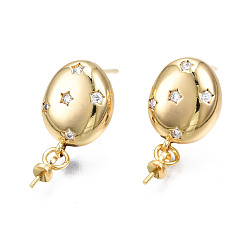 Real 18K Gold Plated Brass Micro Pave Cubic Zirconia Stud Earring Findings, with 925 Sterling Silver Pins and Cup Peg Bails, for Half Drilled Bead, Cadmium Free & Nickel Free & Lead Free, Oval with Star, Real 18K Gold Plated, 21.5x10mm, Pin: 0.7mm, Pin: 0.7mm(for half drilled beads)