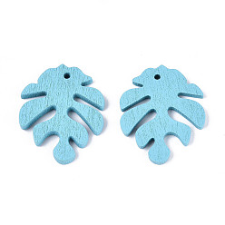 Небесно-голубой Расписные подвески из тополя, подвески из тропических листьев, лист монстры, голубой, 30x24x2.5~3 мм, отверстие : 1.5~2 мм