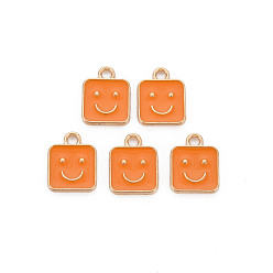 Оранжевый Сплав эмали прелести, без кадмия и без свинца, золотой свет, квадрат с улыбкой, оранжевые, 13x10x1.5 мм, отверстие : 1.6 мм