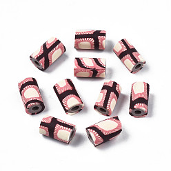 Coral Handmade Polymer Clay Beads, Column with Jewelry Crafts Pattern, Coral, 11x6~7.5mm, Hole: 2~3mm