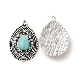Antique Silver Retro Alloy Pendants, with Synthetic Turquoise, Teardrop Charms, Antique Silver, 37x25x7mm, Hole: 2.4mm