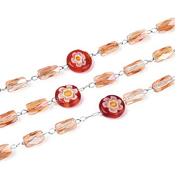 Красный 304 цепные цепи из нержавеющей стали, с гранёными стеклянными бусинами бочкообразной формы и техникой миллефиори, выполненной методом выдувания стекла., плоские круглые с цветочным узором, пайки, с катушкой, цвет нержавеющей стали, красные, 6~6.5x2~2.5 мм