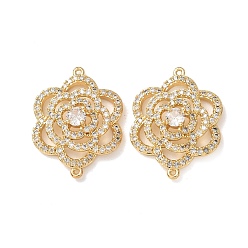 Plaqué 18K Or Véritable Breloques de connecteur en laiton micro pavé de zircone cubique transparente, liens vers les fleurs de camélia, crémaillère plaquage, plaqué longue durée, sans cadmium et sans plomb, réel 18 k plaqué or, 25x19x5mm, Trou: 0.8mm