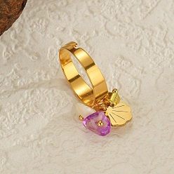 Настоящее золото 18K 304 регулируемые кольца из нержавеющей стали с аметистом для женщин, с подвеской в виде ракушки, реальный 18 k позолоченный, внутренний диаметр: 17.5 мм