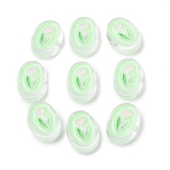 Aquamarin Transparente Acryl-Emailperlen, Oval mit Blume, Aquamarin, 23x17x9 mm, Bohrung: 3.5 mm