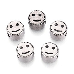 Античное Серебро 304 бусины европейского стиля из нержавеющей стали с крупными отверстиями, плоские круглые с улыбающееся лицо, античное серебро, 11x8~8.5 мм, отверстие : 4.5~5 мм