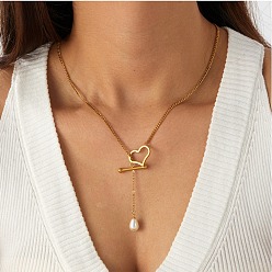 Golden Adjustable Plastic Imitation Pearl Teardrop Tassel 304 Stainless Steel Heart OT Clasps Lariat Necklaces for Women, White, Golden, 18.70 inch(47.5cm)
