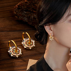 Золотой Плоские круглые серьги-кольца из латуни и эмали в этническом стиле, золотые, 21x28 мм