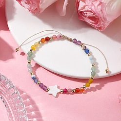 Звезда Регулируемые плетеные браслеты из нейлоновой нити для женщин, с натуральным аметистом, агатом, цветочным амазонитом, зеленым авантюрином, сердоликом, синтетическим гематитом и бусиной из натуральной пресноводной ракушки, звезда, внутренний диаметр: 2~3-3/8 дюйм (5~8.5 см), звезды: 10.5x11x2.5 mm