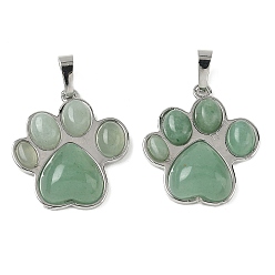 Зеленый Авантюрин Естественный зеленый авантюрин подвески, латунные подвески в виде отпечатков лап, платина, стойки покрытие, 28x24.5~25x5.5~6 мм, отверстие : 8~8.5x4.5~5 мм