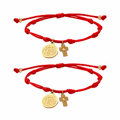 Red 304 Stainless Steel Round Tag Religon Cross Charm Nylon Wax Cord Bracelet Bracelet Sets, Adjustable Stackable Bracelets, Golden, Red, 11.02 inch(28cm), 2pcs/set
