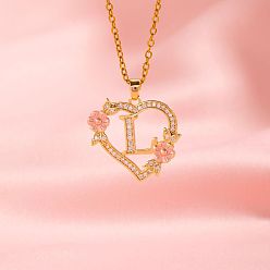 Letter L Латунные кристаллы горный хрусталь полые розы сердце с подвеской в виде буквы для женщин, с розовым эмали, золотые, Письмо L, 19.69 дюйм (50 см)