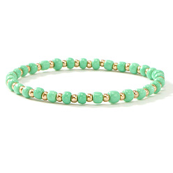 Бледно-Зеленый Эластичный браслет из пластика и латуни с бусинами для женщин, рондель, золотые, бледно-зеленый, 6.89 дюйм (17.5 см)