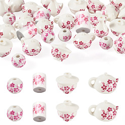 Hot Pink 32Pcs 4 Styles Handmade Porcelain Beads, Bright Glazed Porcelain, Hot Pink, 10.5~18x9.5~18x9.5~13mm, Hole: 2~3mm, 8pcs/style