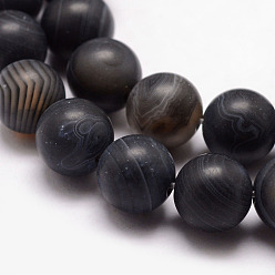 Black Natural Striped Agate/Banded Agate Bead Strands, Round, Grade A, Frosted, Dyed & Heated, Black, 6mm, Hole: 1mm, about 61pcs/strand, 15 inch