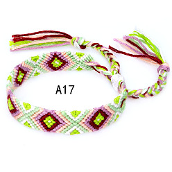 Pale Green Cotton Braided Rhombus Pattern Cord Bracelet, Ethnic Tribal Adjustable Brazilian Bracelet for Women, Pale Green, 5-7/8~14-1/8 inch(15~36cm)