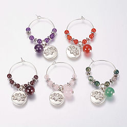 Mixed Stone Natural Gemstone Wine Glass Charms, with Alloy Lotus Pendants and Brass Hoops, 46x27mm