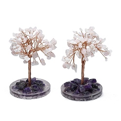 Смешанные камни Украшения для витрин из натурального розового кварца и аметиста пахиры глабра, с основанием и медной проволокой, фен-шуй энергетический камень подарок для домашнего офиса украшение рабочего стола, 60~61x88~93 мм