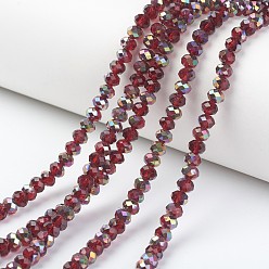 Dark Red Electroplate Transparent Glass Beads Strands, Half Rose Gold Plated, Faceted, Rondelle, Dark Red, 3x2mm, Hole: 0.8mm, about 150~155pcs/strand, 15~16 inch(38~40cm)