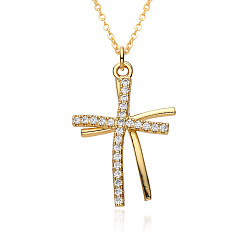 Золотой Латунные подвески с двумя крестами из прозрачных кубических цирконий с микропаве, золотые, 19.69 дюйм (50 см), Кулон : 28x20 мм