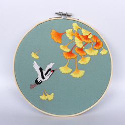 Crane Наборы для вышивания своими руками, включая набивную хлопчатобумажную ткань, нитки и иглы для вышивания, круглые пяльцы, Журавль и лист гинкго, 300x300 мм