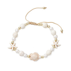 Магнезит Браслеты из синтетического магнезита с плетеными бусинами в виде морских звезд и черепах, регулируемые браслеты из ракушечных бусин и жемчуга, внутренний диаметр: 2-1/4~3-3/8 дюйм (5.6~8.7 см)