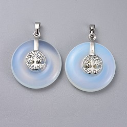 Opalite Opalite Pendants, with Platinum Tone Brass Findings, Donut/Pi Disc with Tree of Life, 35.5x30x8.5~9.5mm, Hole: 4.5x6.5mm
