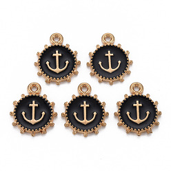 Черный Подвески из эмали и сплава, золотой свет, без кадмия, без никеля и без свинца, плоские круглые с якорем, чёрные, 17.5x14.5x2 мм, отверстие : 1.6 мм