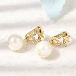 Real 18K Gold Plated Brass Micro Pave Cubic Zirconia Hoop Dangle Earrings, Round with Star, with Glass Beads, Lead Free & Cadmium Free, Rack Plating, Long-Lasting Plated, Real 18K Gold Plated, 40x16mm