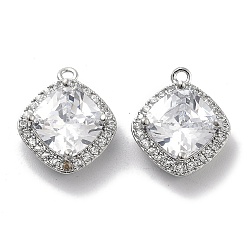 Платинированный Латунные микропаве прозрачные подвески с фианитом, без кадмия, без никеля и без свинца, со стеклом, ромб, Реальная платина, 14.5x12.5x6.5 мм, отверстие : 1.2 мм