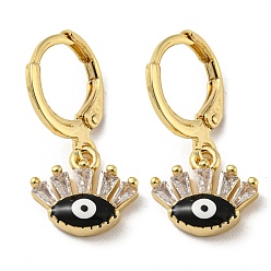 Black Real 18K Gold Plated Brass Dangle Leverback Earrings, with Enamel and Glass, Evil Eye, Black, 23x11.5mm
