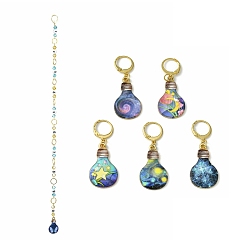 Golden Bulb Alloy Enamel Pendant & Acrylic Number Knitting Row Counter Chains, Golden, 350mm, 6pcs/set