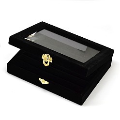 Black Wooden Rectangle Ring Boxes, Covered with Velvet, with Glass and Iron Clasps, Black, 20.2x15.1x4.9cm