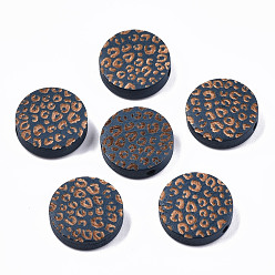 Marine Blue Painted Natural Wood Beads, Laser Engraved Pattern, Flat Round with Leopard Print, Marine Blue, 15x4.5mm, Hole: 1.5mm