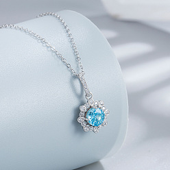 Темно-Голубой Цветок 925 стерлингового серебра паве кубические цирконии кулон ожерелья для женщин, платина, родий, глубокое синее небо, 15.75 дюйм (40 см)
