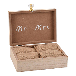BurlyWood Rectangle Wooden Wedding Double Ring Box, with Burlap Pillow Lining, BurlyWood, 15.3x13.2x5.1cm
