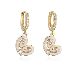 Белый Серьги-кольца из латуни с эмалью ко Дню святого Валентина, с четким кубического циркония, сердце, золотые, белые, 30x13.5 мм