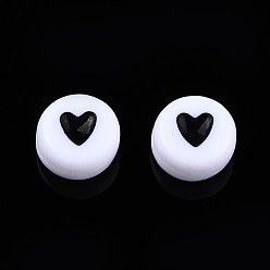 Black Opaque Acrylic Beads, with Enamel, Flat Round with Heart, Black, 7x3.5mm, Hole: 1.2mm, about 3600~3700pcs/500g