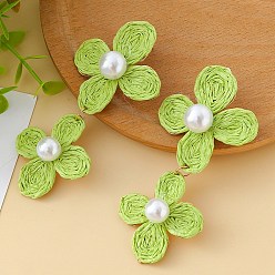 Зелено-Желтый Серьги-гвоздики с цветочной латунной фурнитурой из рафии, золотые, с имитацией жемчуга, зеленый желтый, 88 мм