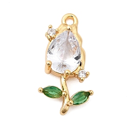 Настоящее золото 18K Латунные микро проложить кубического циркония подвески, со стеклом, цветочный шарм, без никеля , реальный 18 k позолоченный, 18.5x9.5x4 мм, отверстие : 1.2 мм